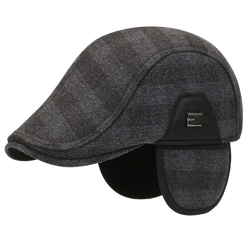 Boné Plano, Mistura De Lã Xadrez De Inverno Com Protetores De Ouvido Para Homens
