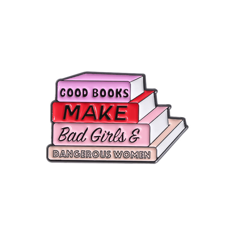 Brooch Fixa Livros Empilhados Com A Citação “good Books Make Bad Gi