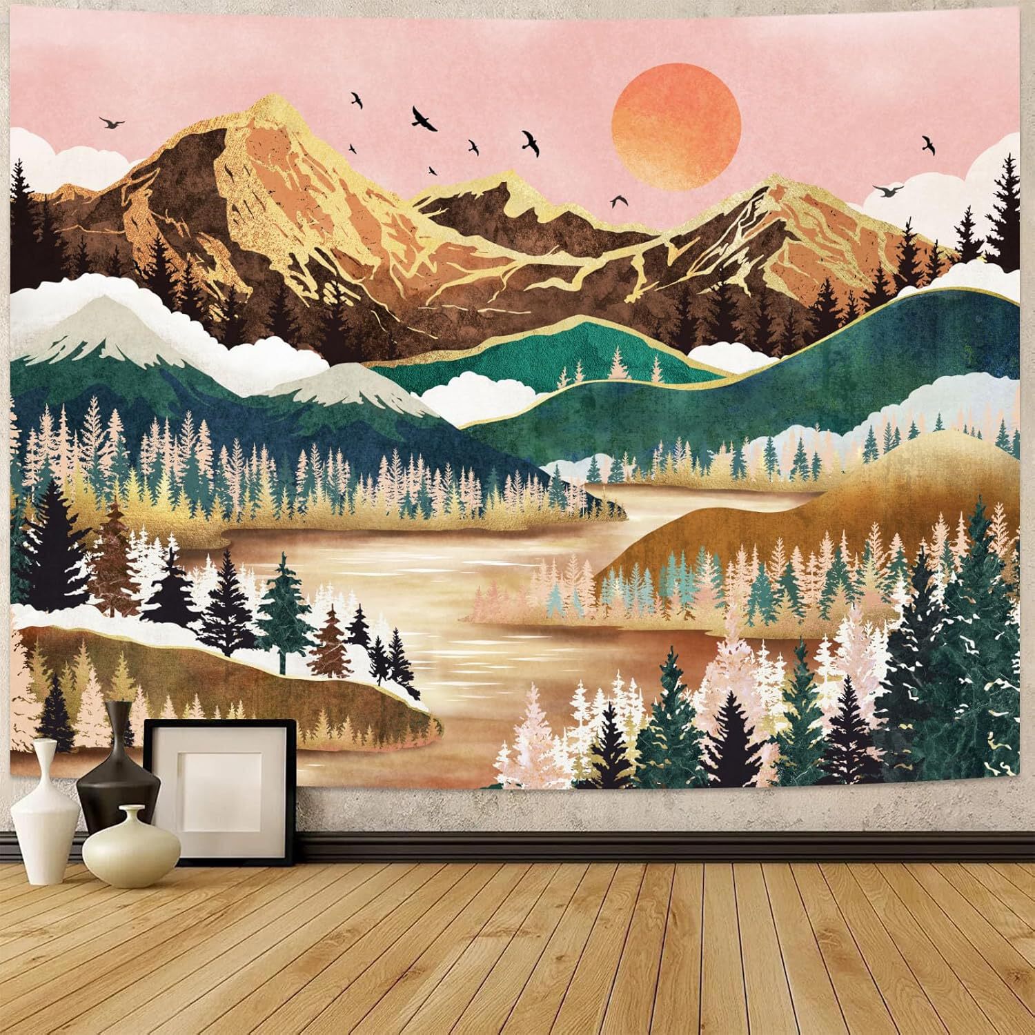 Tapeçaria Pendurada Na Parede Mountain Sunset Forest Lake 150x130cm