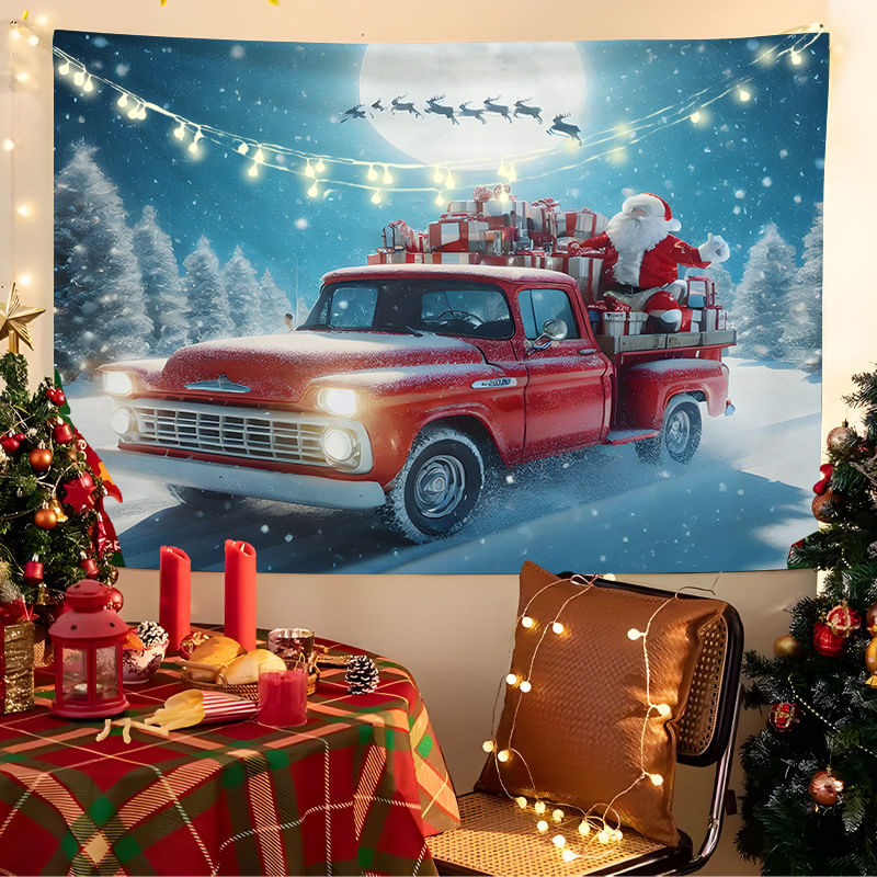 Tapeçaria Pendurada Na Parede Do Papai Noel De Natal Em Caminhão Vermelho 150x100cm