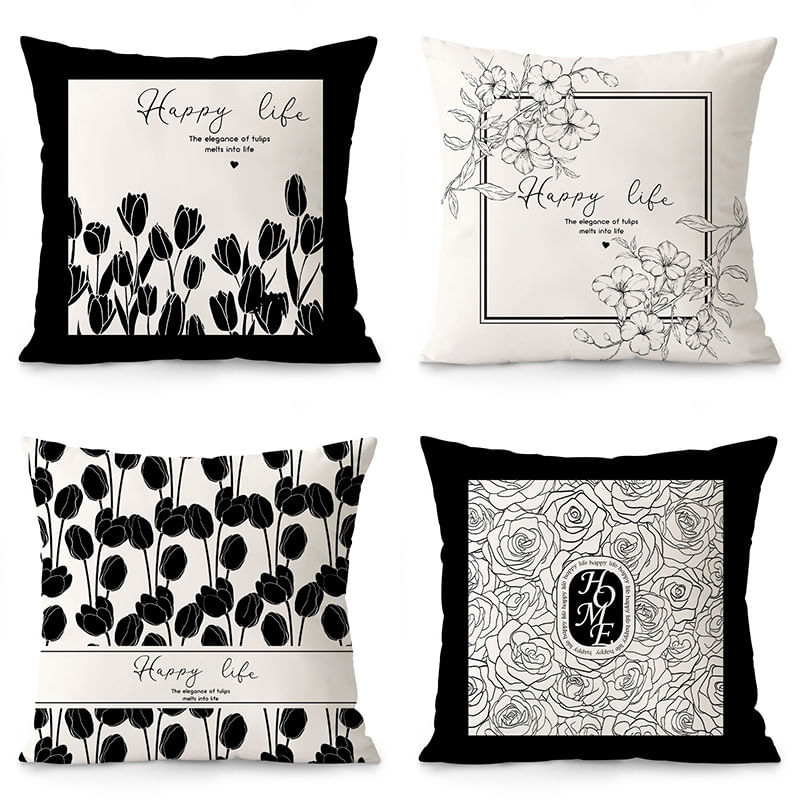 Conjunto De Fronhas Nordic Luxury Black And White Floral X4