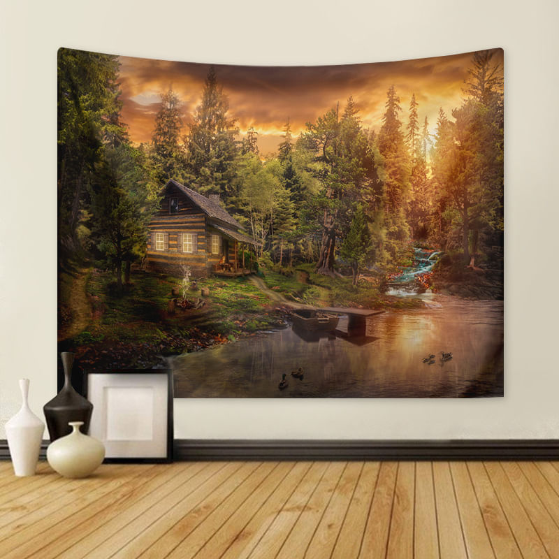Tapeçaria Pendurada Na Parede Forest Cabin Scenic Lake Sunset 150x130cm