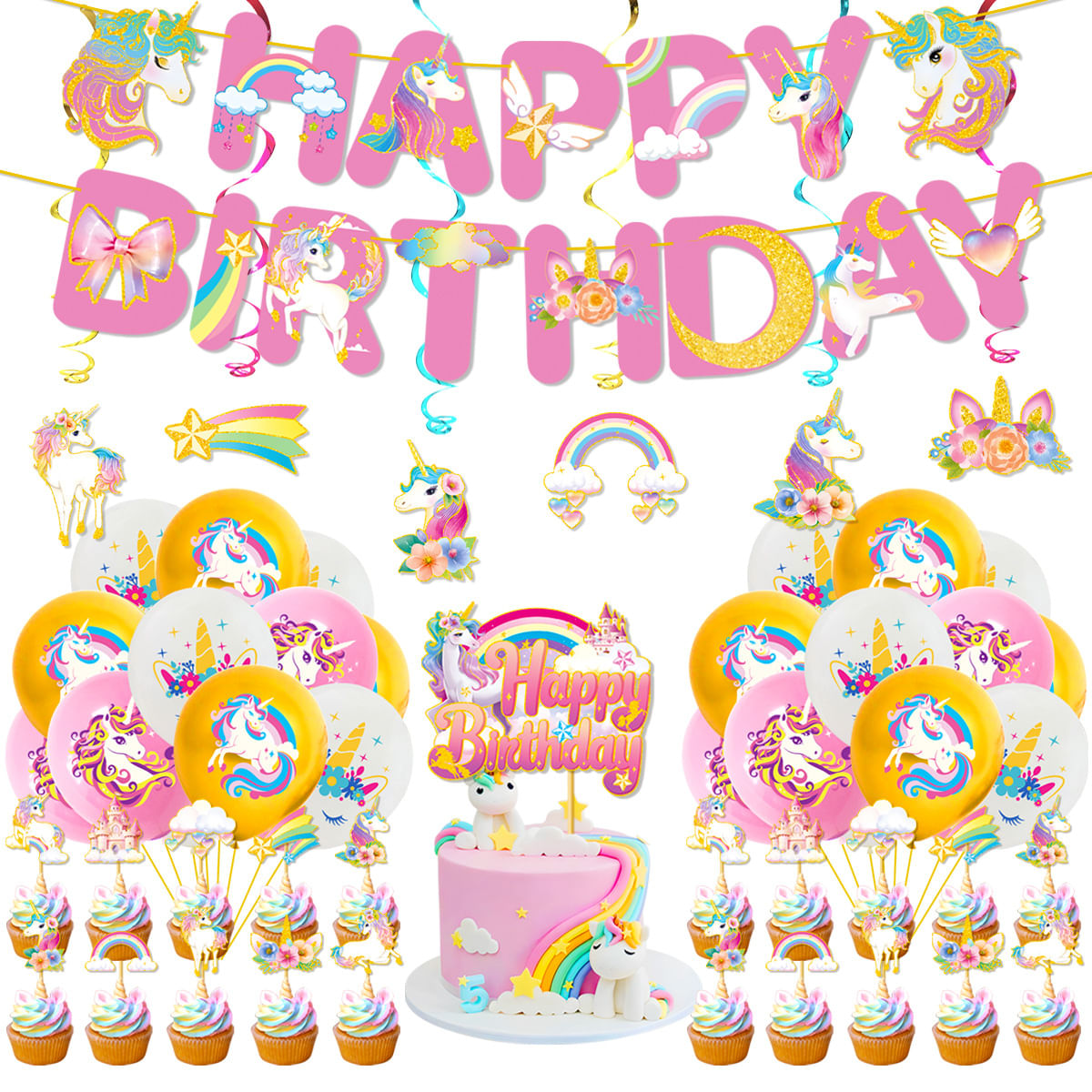 Conjunto De Festa Com Tema De Unicórnio E Aniversário Com 30 Balões De Látex