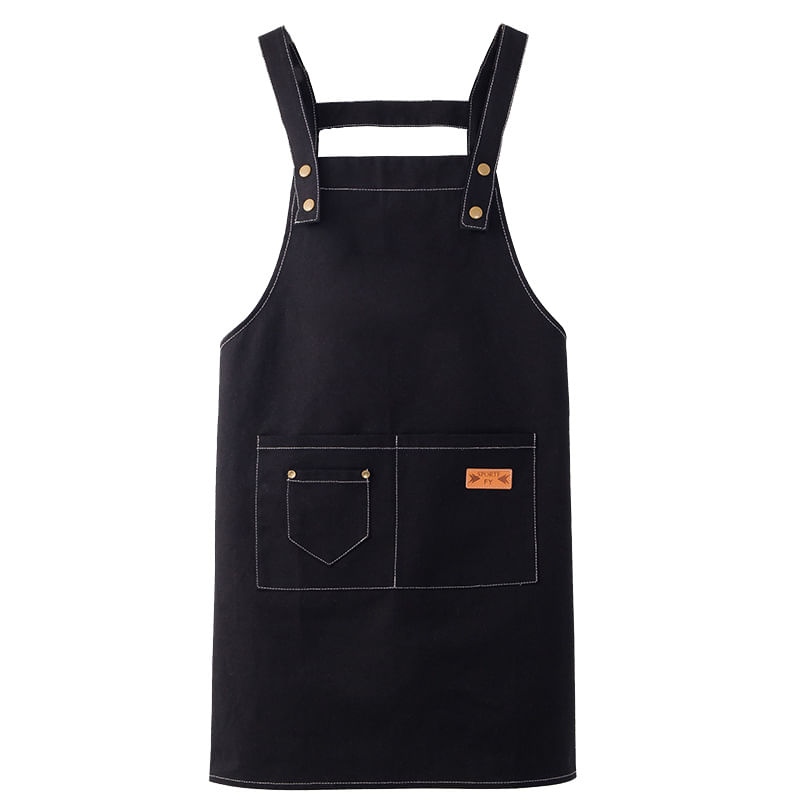 Avental De Trabalho Unissex Estilo Coreano Preto Com Bolsos De Poliéster