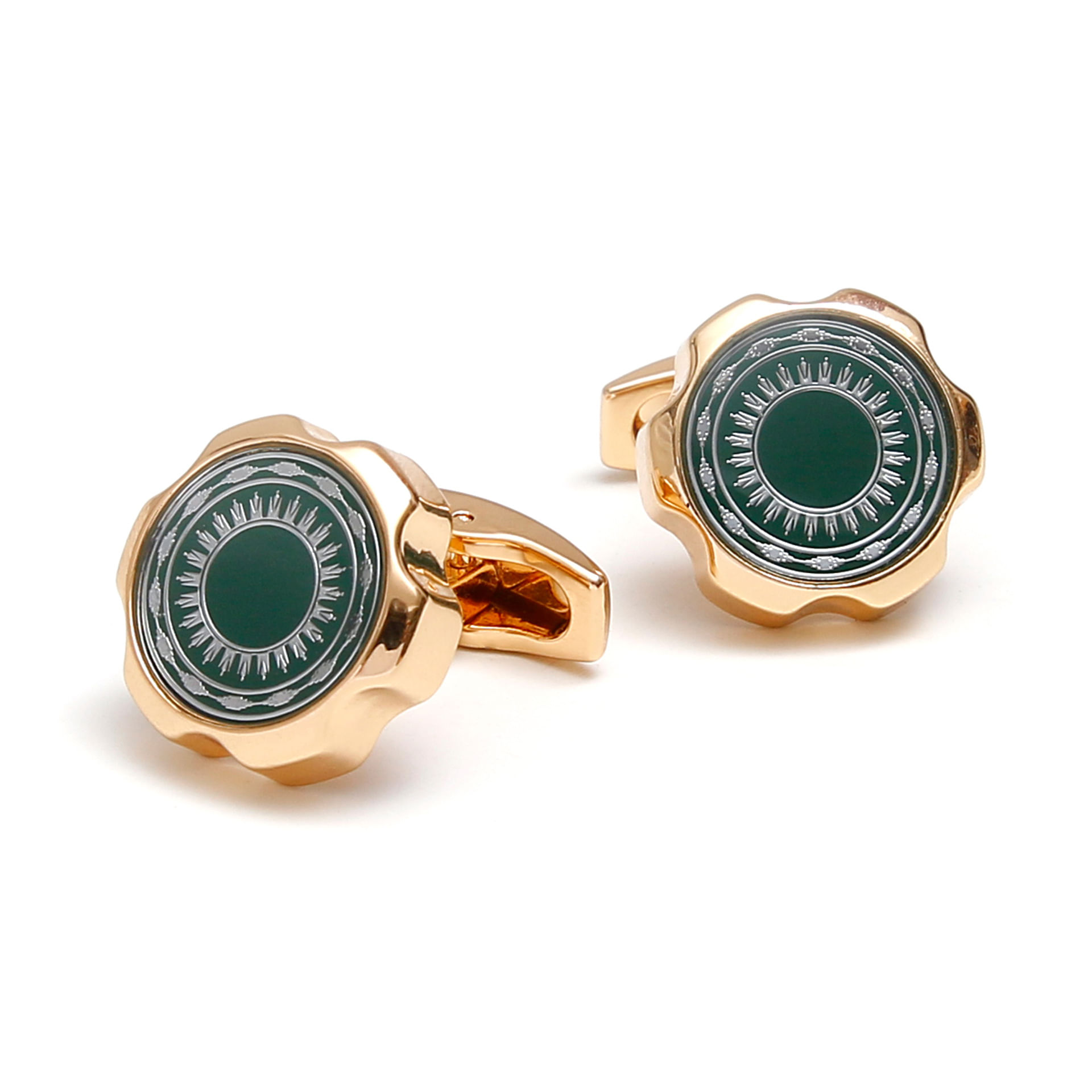 Cufflinks Generic Gear Pattern, Esmalte Verde, Liga Banhada A Ouro