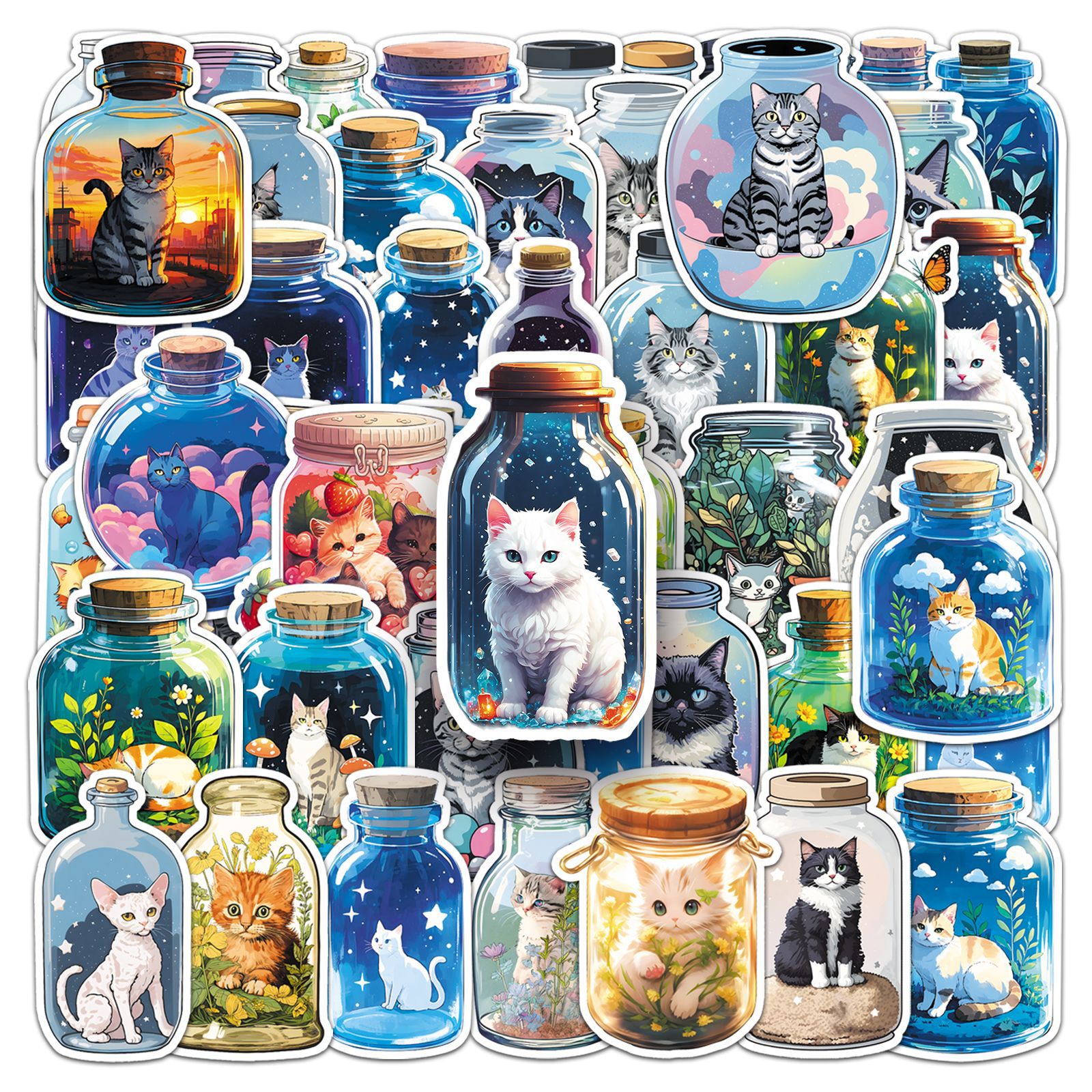 Pacote De Adesivos Cat In Bottle, 50 Unidades De Vinil Impermeável