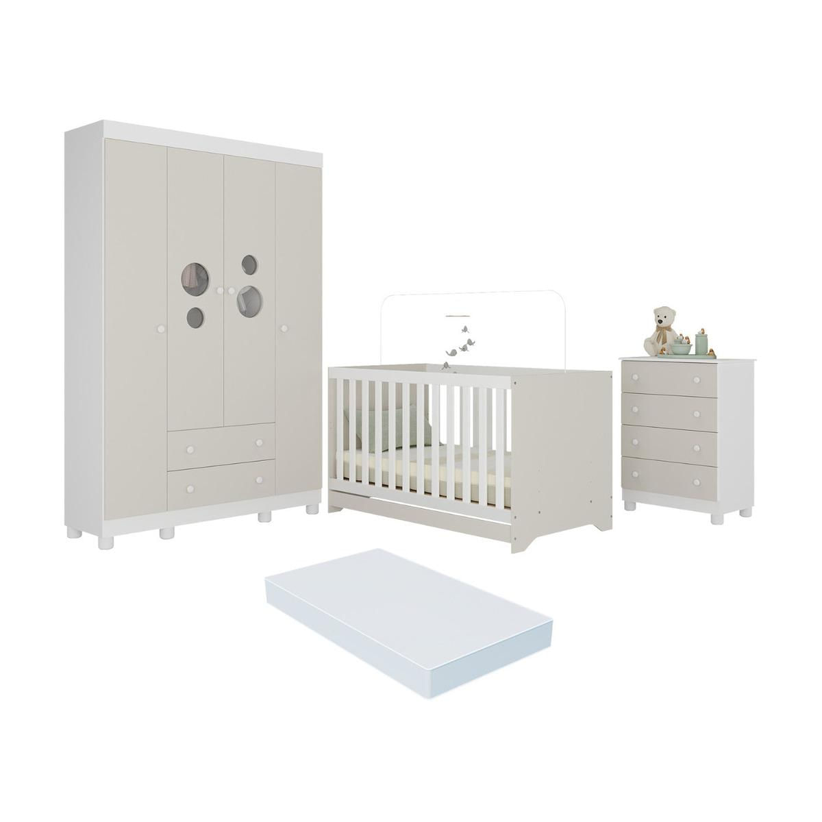 Quarto De Bebê Completo Berço Americano 3 Em 1 Colchão Bombom Multimóveis Mp4634 Branco/off White