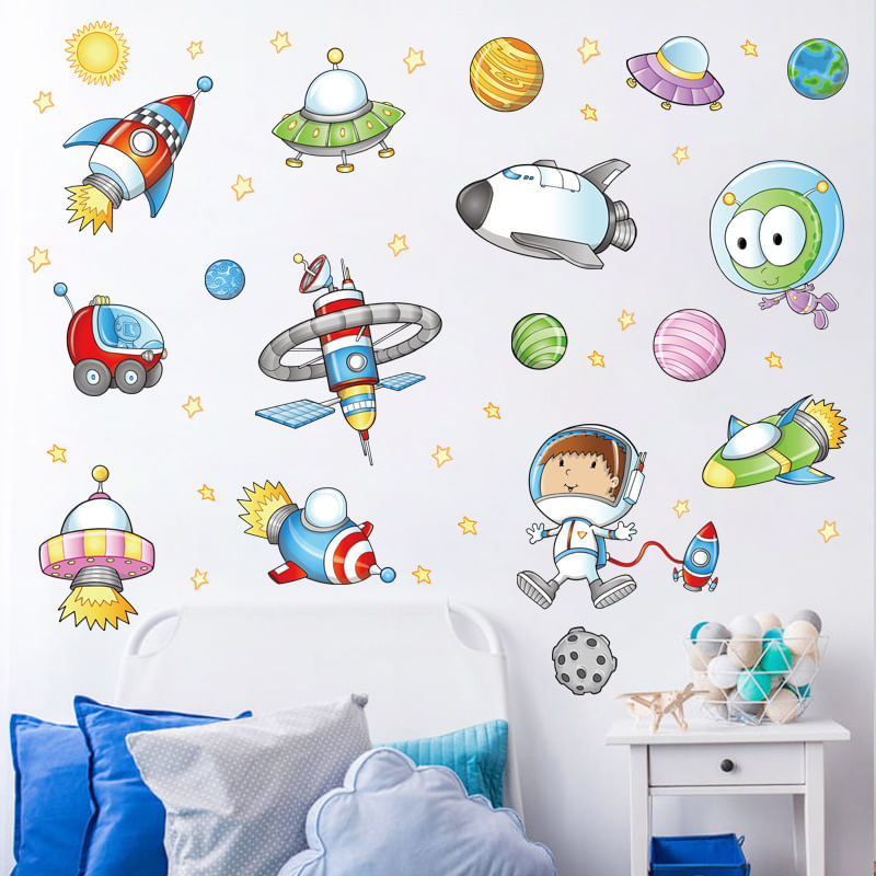 Adesivos De Parede Cartoon Astronaut Space Theme 50x70cm Pvc