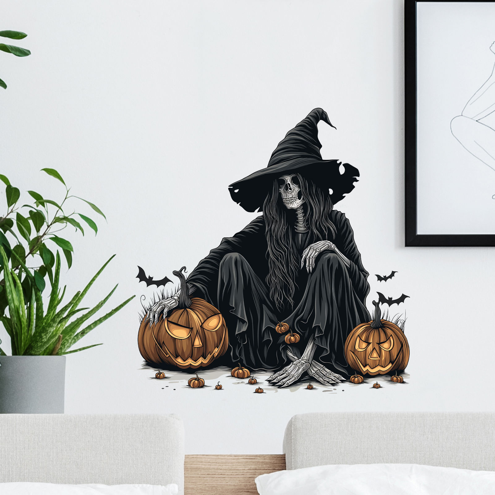 Adesivos De Parede Halloween Witch Skeleton Com Abóboras E Morcego