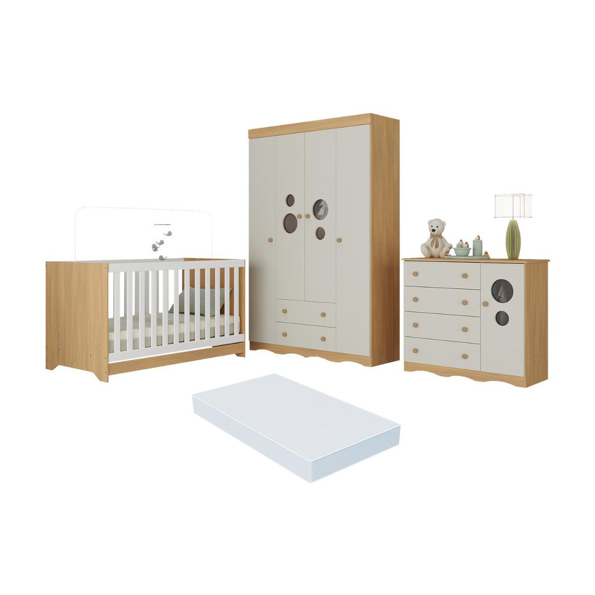 Quarto De Bebê Completo Berço Americano 3 Em 1 Colchão Sonho Multimóveis Mp4631 Madeirado/off White