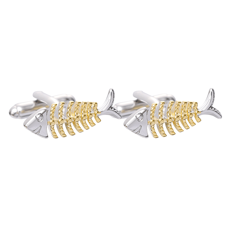 Cufflinks Fishbone Para Homens Silver E Gold Fish Skeleton