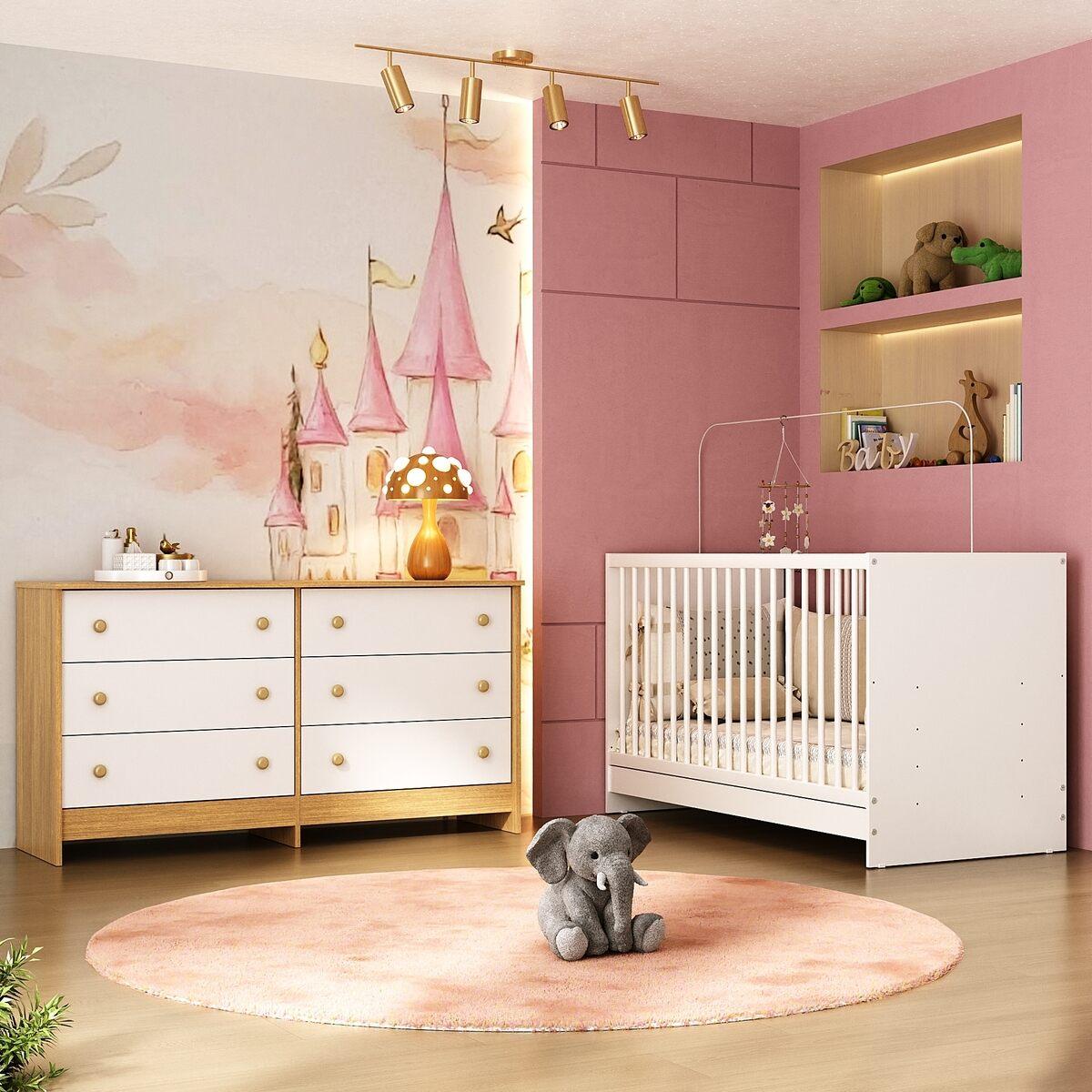 Berço 3 Em 1 Para Colchão 130 X 60cm Com Cômoda Framboesa Multimóveis Mp4679 - Branco/madeirado