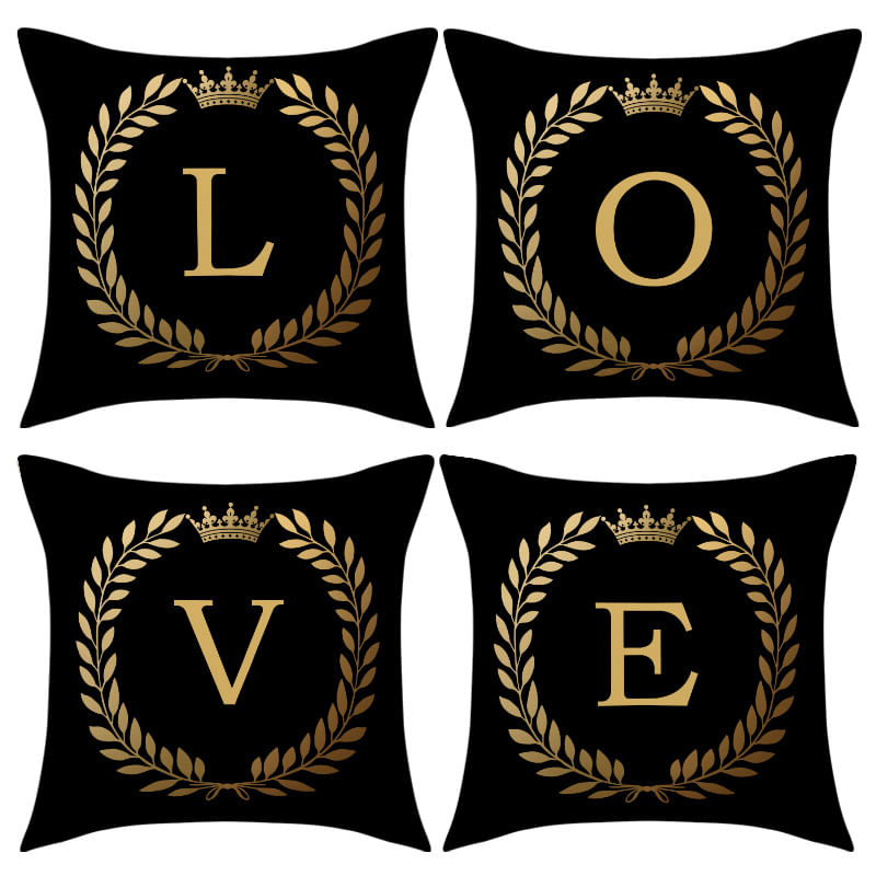 Capa De Travesseiro Preta E Dourada Love Letter 45x45cm Poliéster