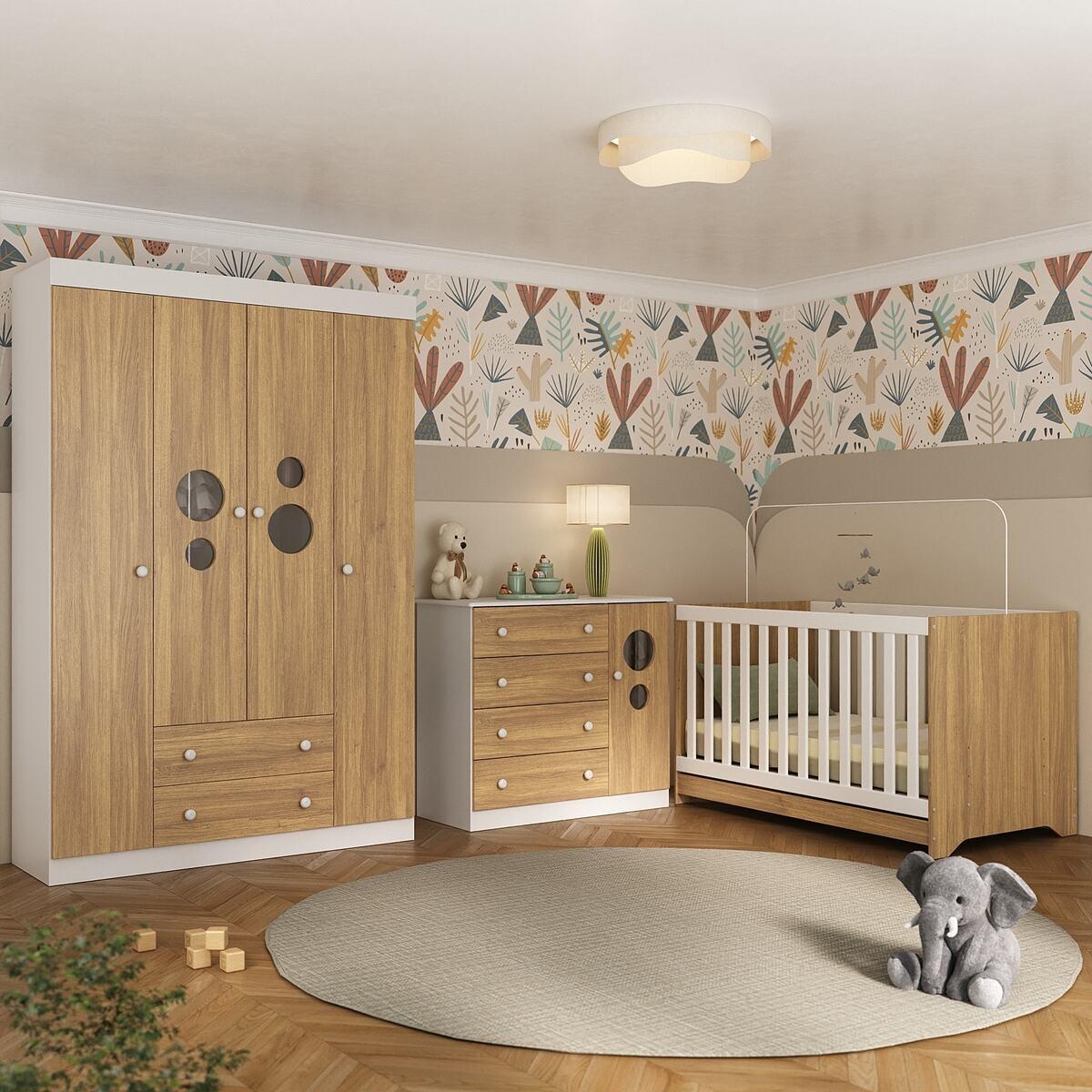 Quarto De Bebê Completo Com Berço Americano 3 Em 1 Pirulito Multimóveis Mp4613 Branco/madeirado