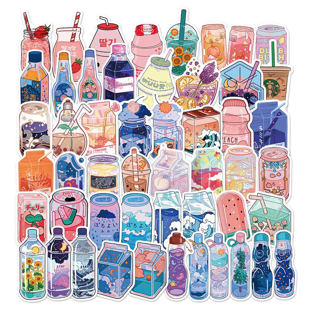 Conjunto De Adesivos Cute Drink Bottle Aesthetic Cartoon Vinyl X50