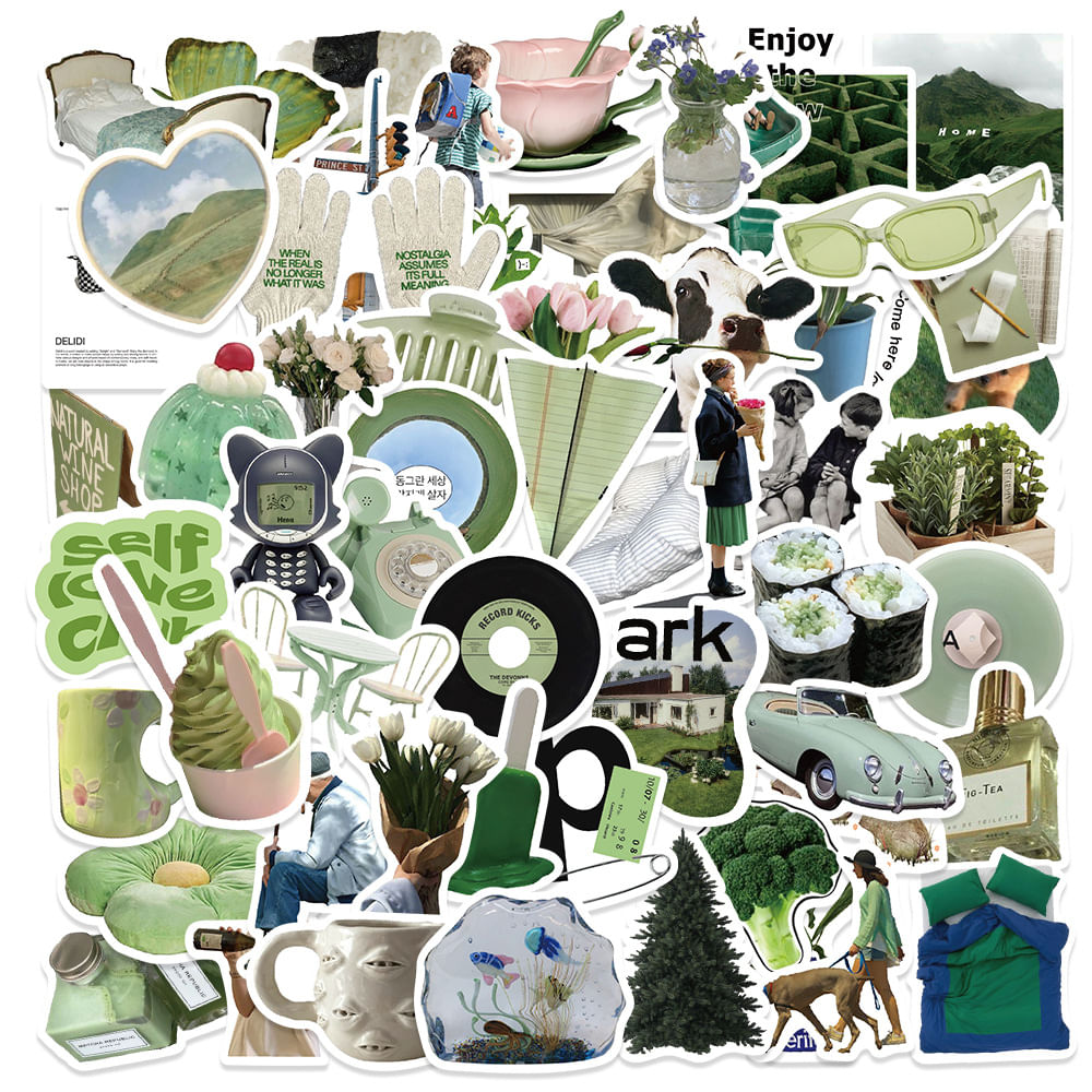 Adesivos, Estilo Coreano, Verde, Estético, 62 Peças, Decalque De Vinil
