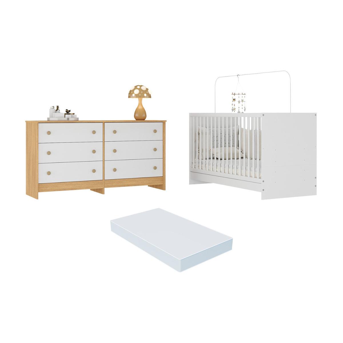 Berço 3 Em 1 Com Colchão Incluso E Cômoda Framboesa Multimóveis Mp4680 - Branco/madeirado