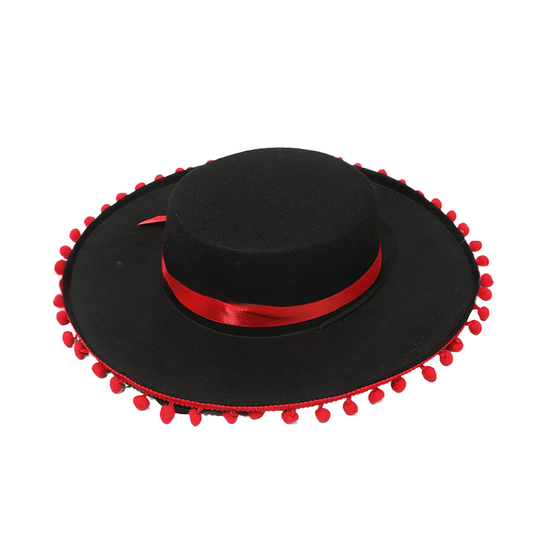 Chapéu De Feltro De Aba Larga Em Estilo Mexicano Com Acabamento Em Pompom Vermelho