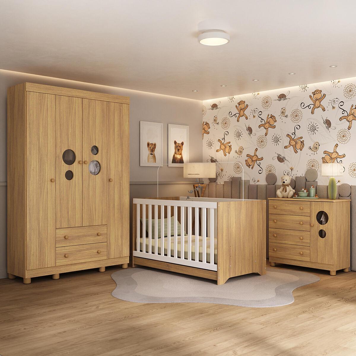 Quarto De Bebê Completo Com Berço Americano 3 Em 1 Bombom Multimóveis Mp4614 Madeirado