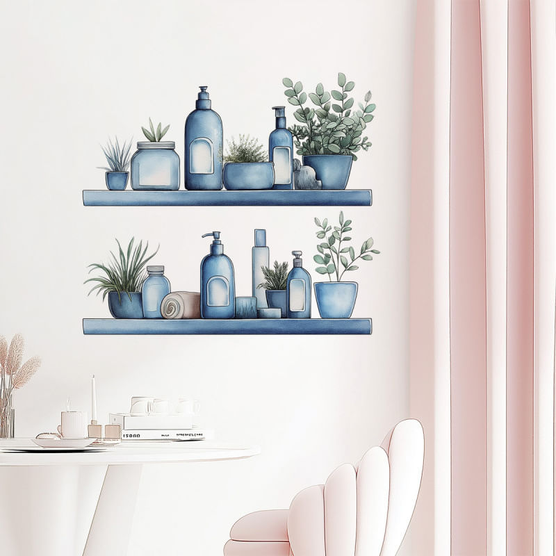 Adesivos De Parede Aquarela Azul Prateleira Para Garrafas Pvc 40x50cm