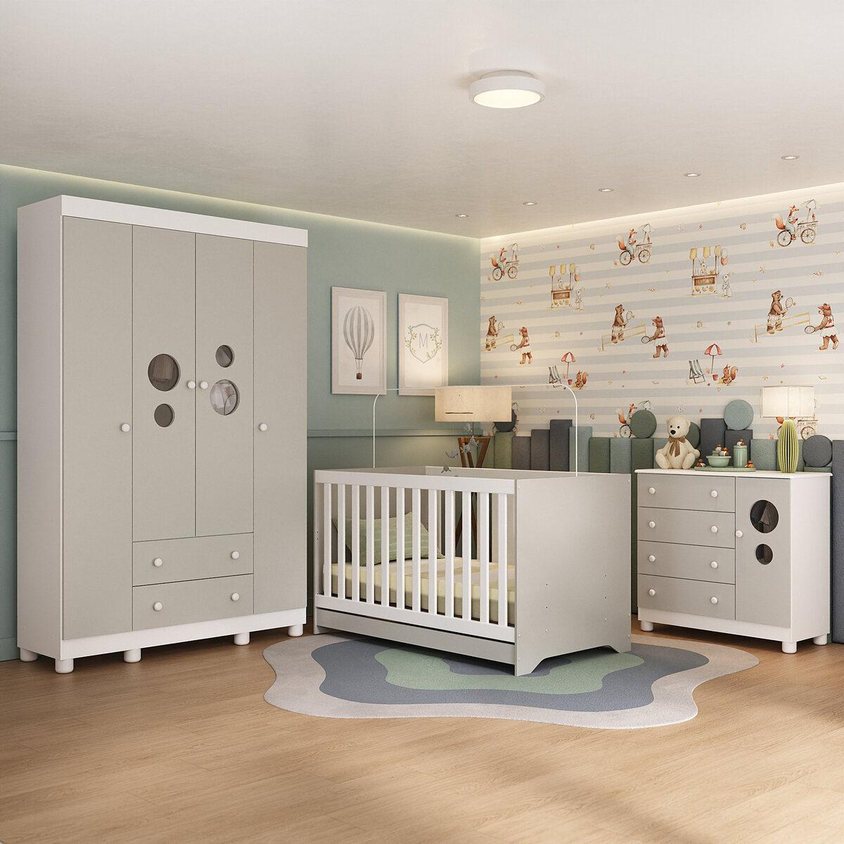 Quarto De Bebê Completo Com Berço Americano 3 Em 1 Bombom Multimóveis Mp4614 Branco/off White