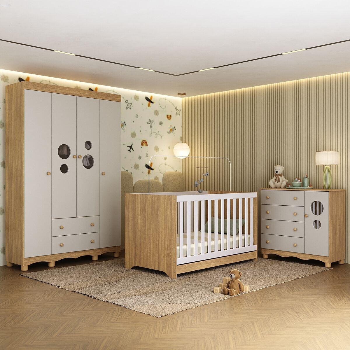 Quarto De Bebê Completo Com Berço Americano 3 Em 1 Suspiro Multimóveis Mp4616 Madeirado/off White