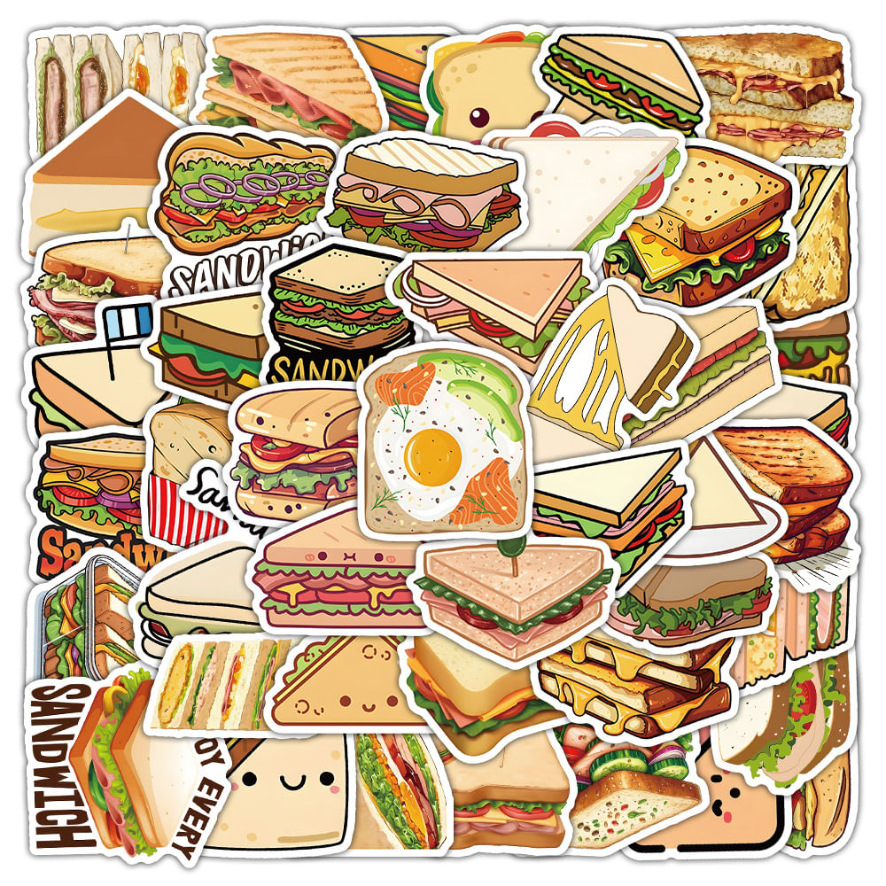 Pacote De Adesivos Com Tema Sanduíche, 54 Peças De Decalques De Vinil Cartoon Food