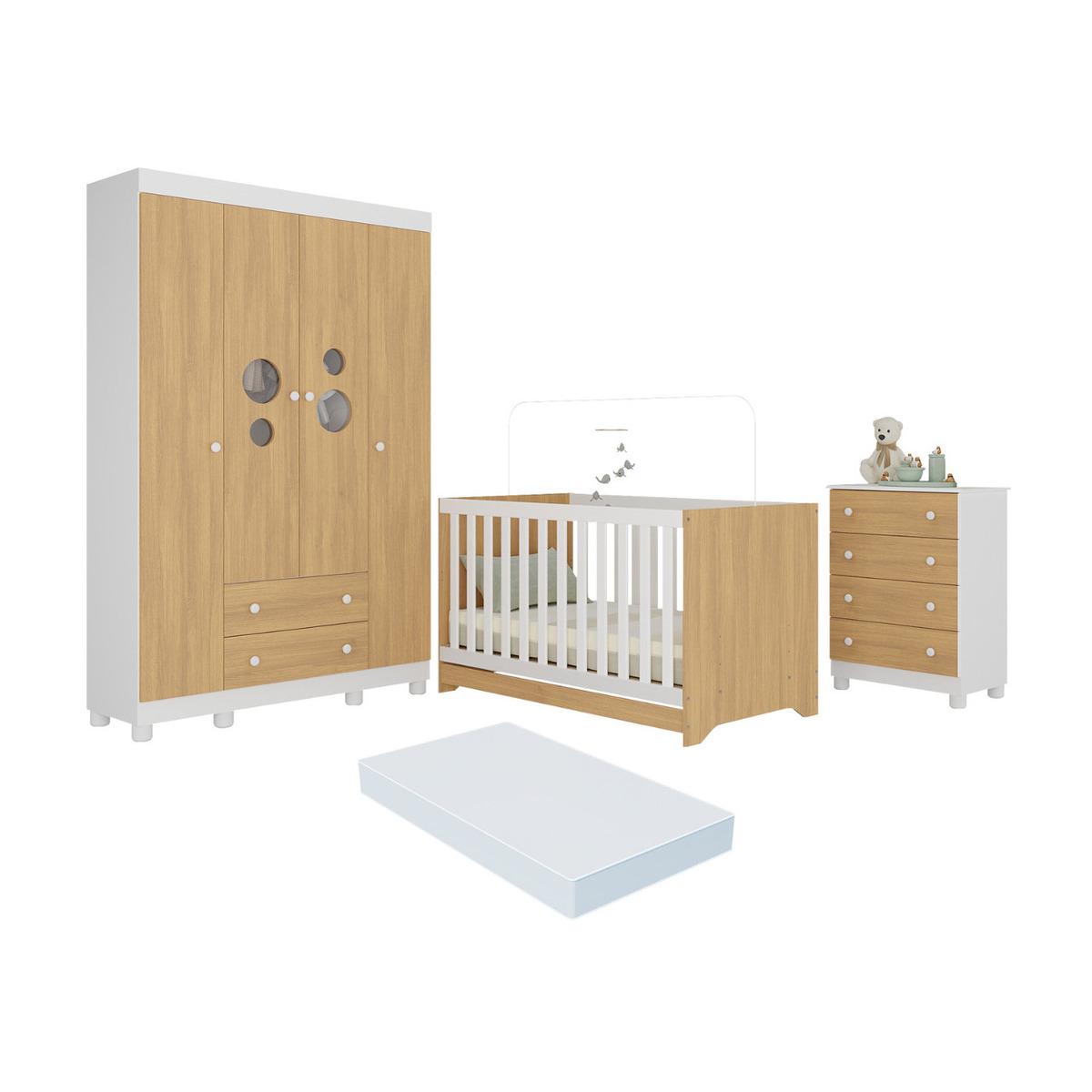 Quarto De Bebê Completo Berço Americano 3 Em 1 Colchão Bombom Multimóveis Mp4634 Branco/madeirado