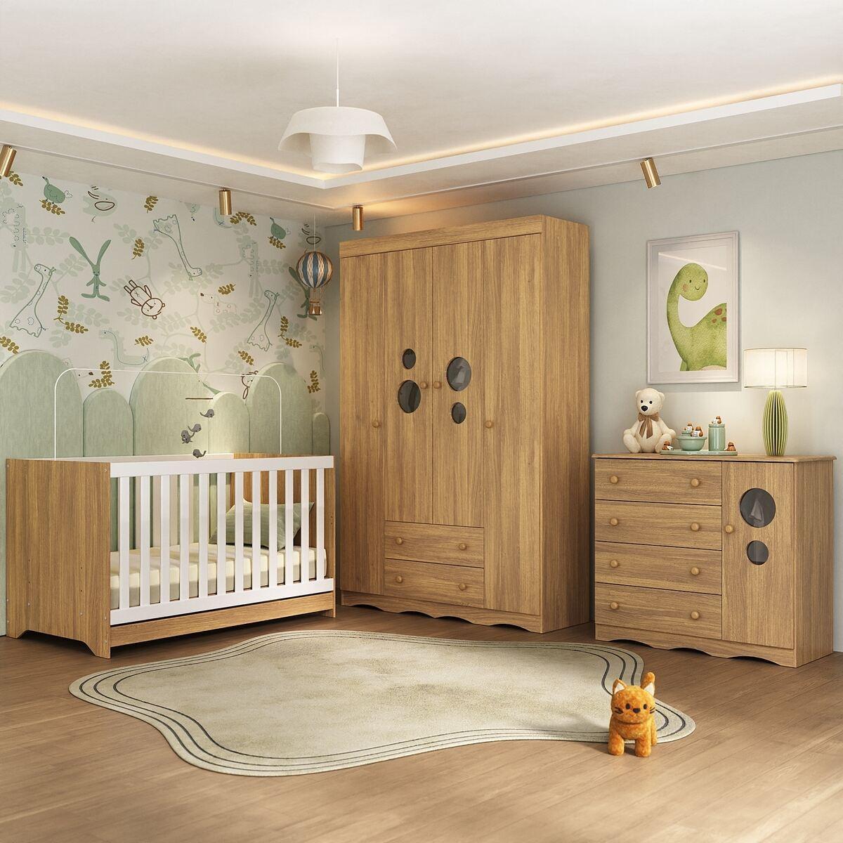 Quarto De Bebê Completo Com Berço Americano 3 Em 1 Sonho Multimóveis Mp4615 Madeirado