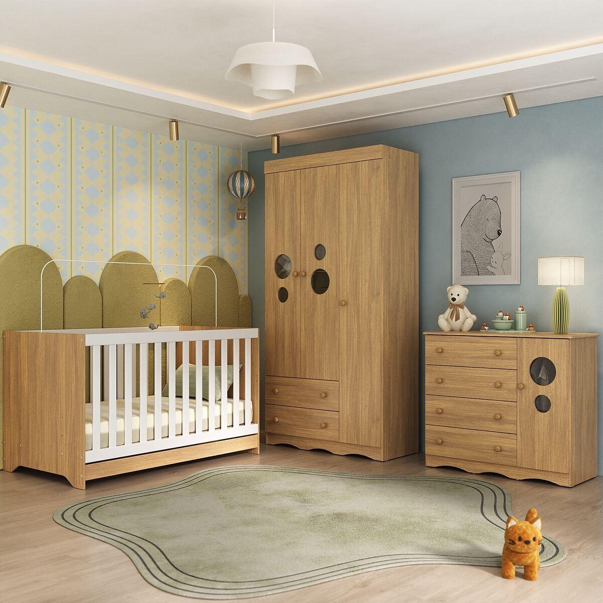 Quarto De Bebê Completo Com Berço Americano 3 Em 1 Sonho Multimóveis Mp4623 Madeirado