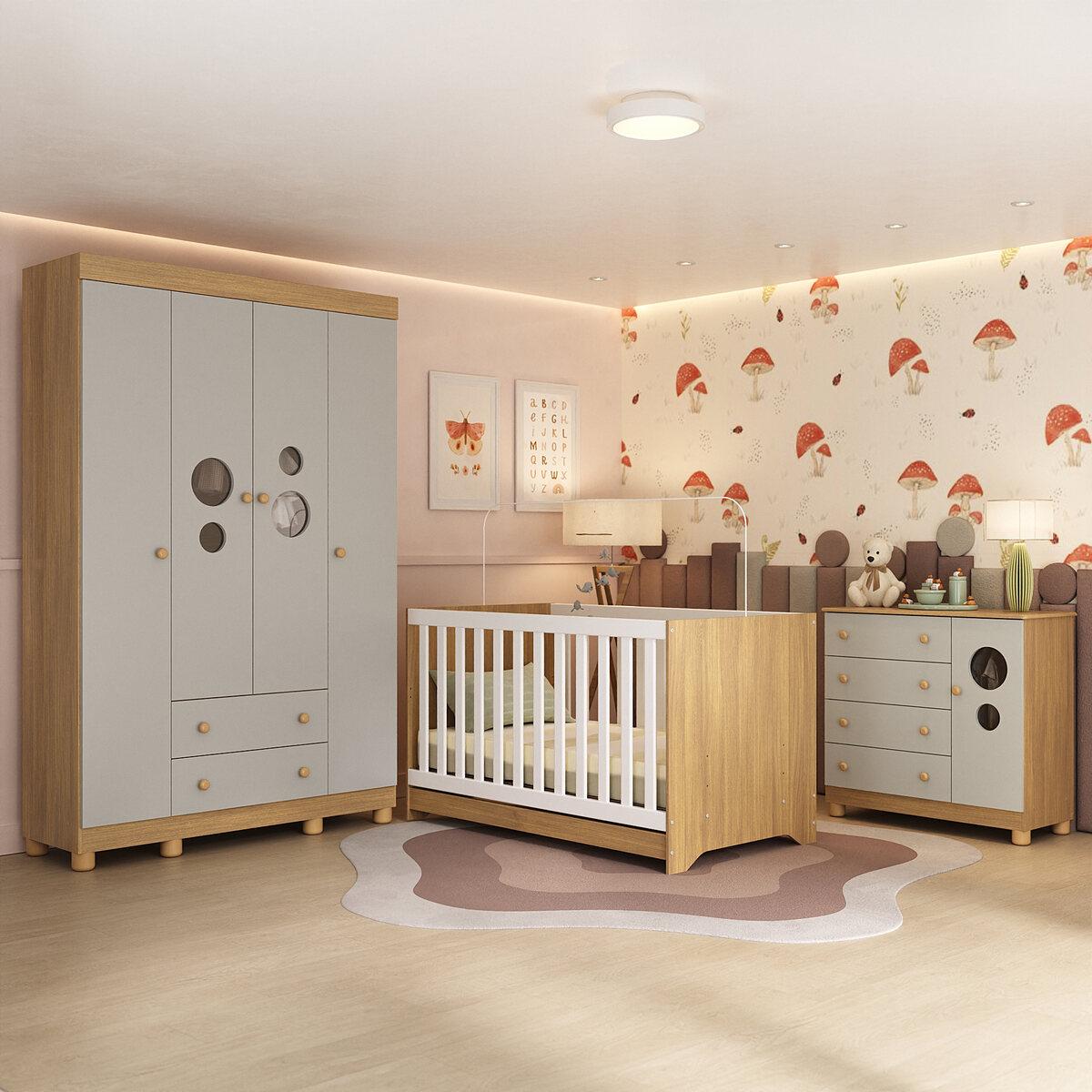 Quarto De Bebê Completo Com Berço Americano 3 Em 1 Bombom Multimóveis Mp4614 Madeirado/off White