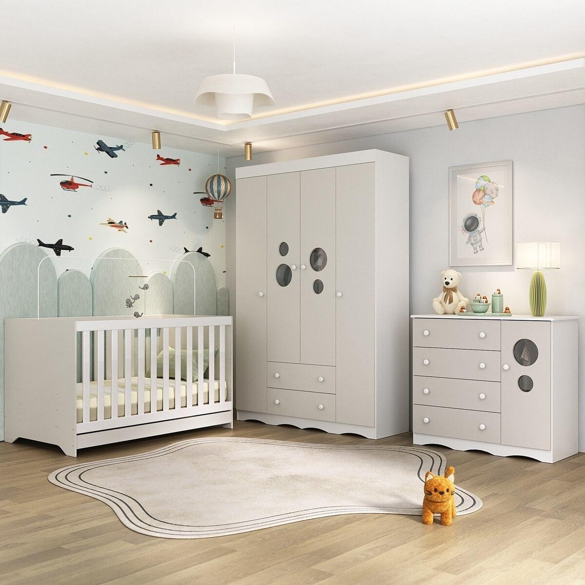 Quarto De Bebê Completo Com Berço Americano 3 Em 1 Sonho Multimóveis Mp4615 Branco/off White