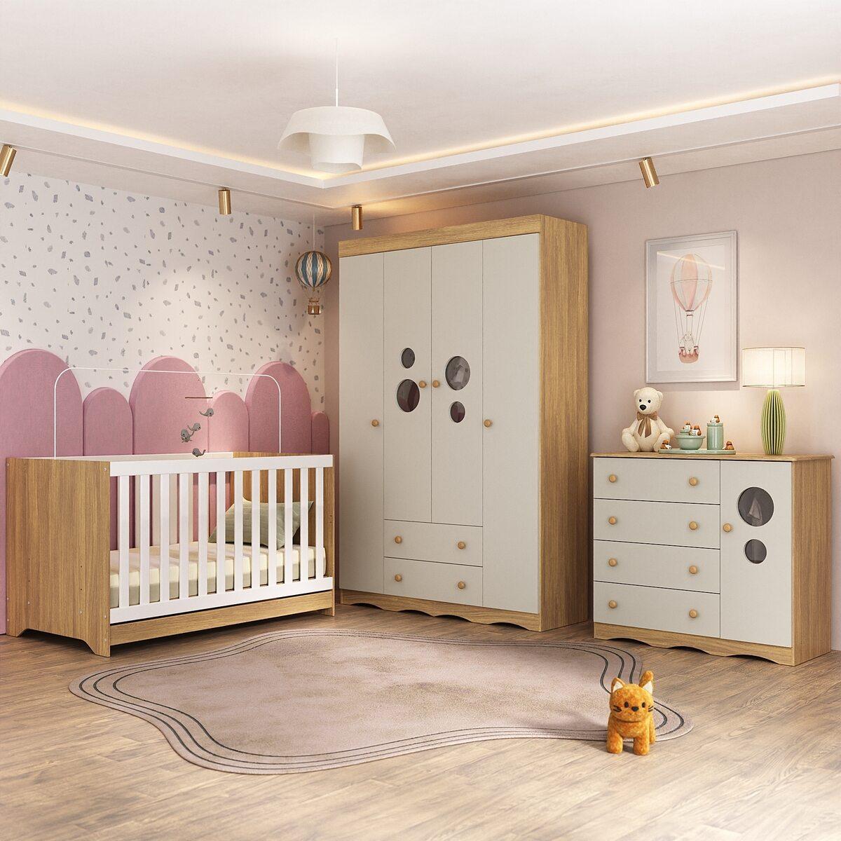 Quarto De Bebê Completo Com Berço Americano 3 Em 1 Sonho Multimóveis Mp4615 Madeirado/off White