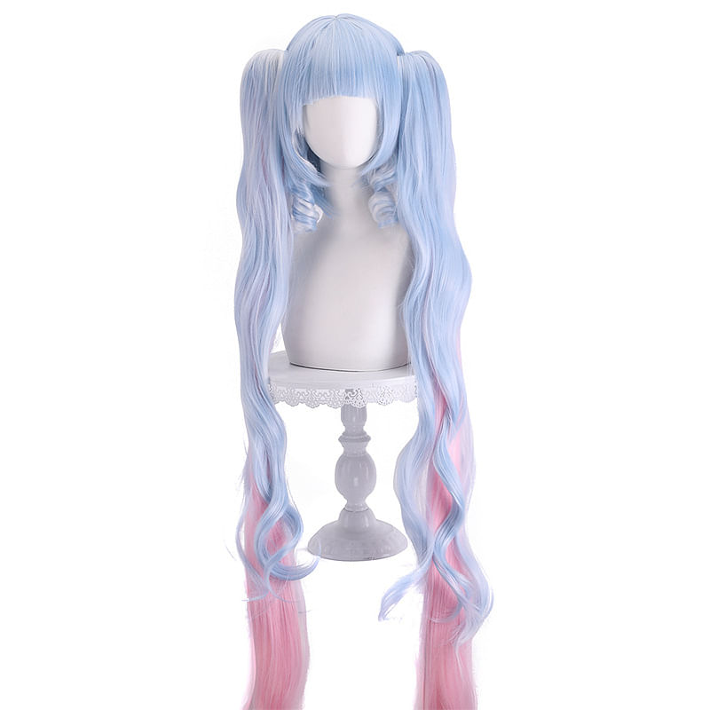 Peruca De Cosplay Azul Claro Rosa Gradiente Com Cauda Dupla Com Franja