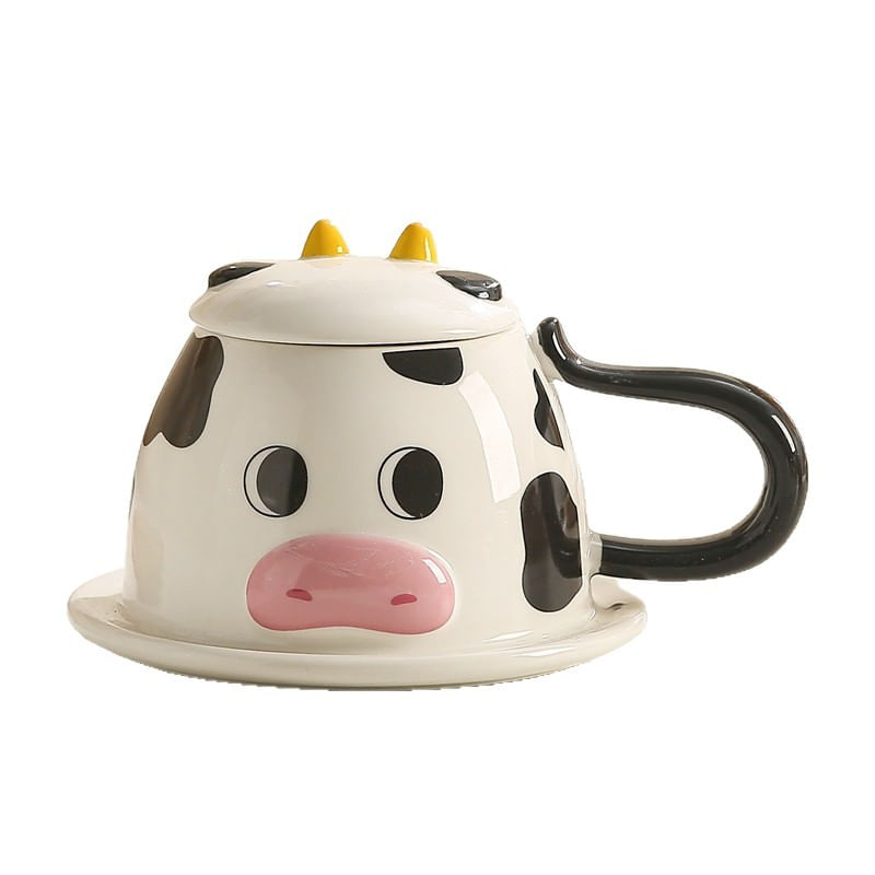 Caneca De Cerâmica Cow Design Com Tampa E Pires 350 Ml Para Café/chá