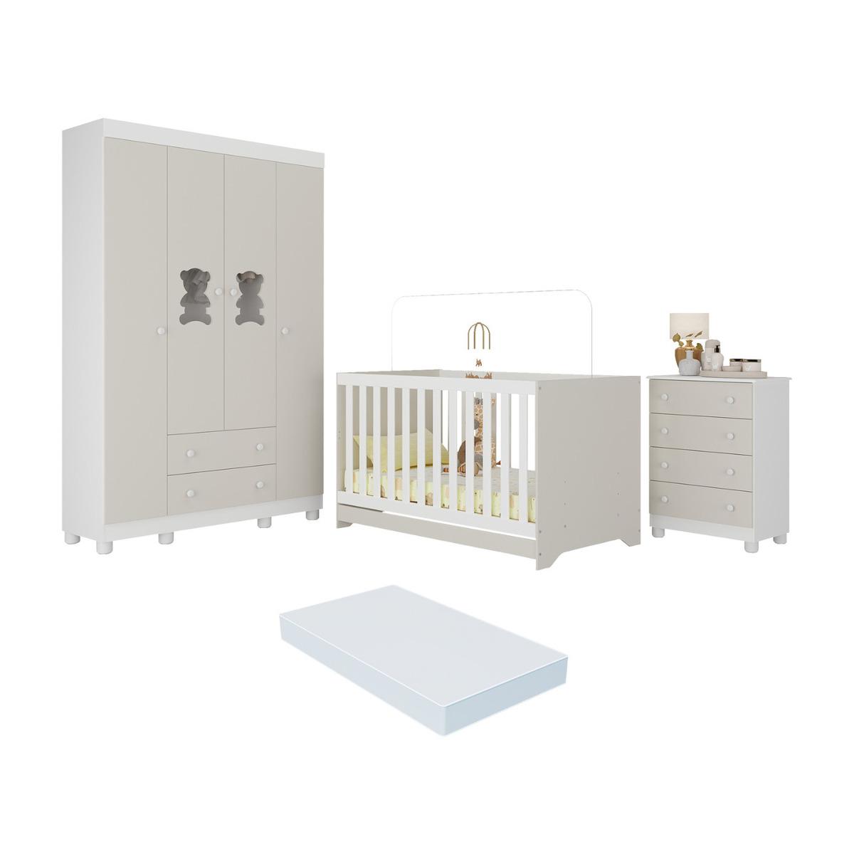 Quarto De Bebê Completo C/ Berço Americano 3 Em 1 Colchão Fofura Multimóveis Mp4665 Branco/off White