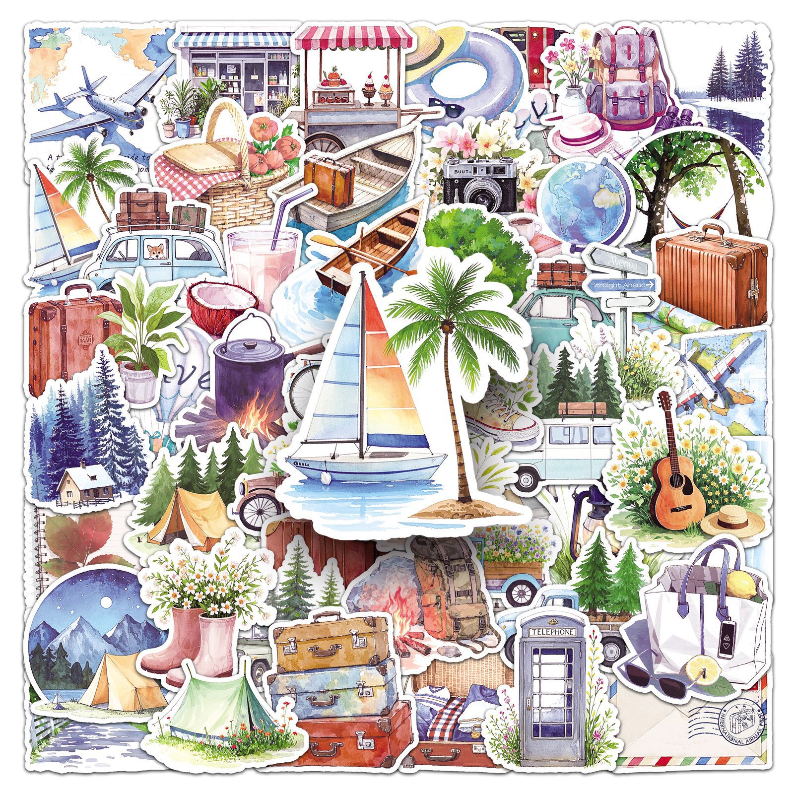 Pacote De Adesivos Em Aquarela, Viagem, Acampamento, 50 Unidades À Prova D'água