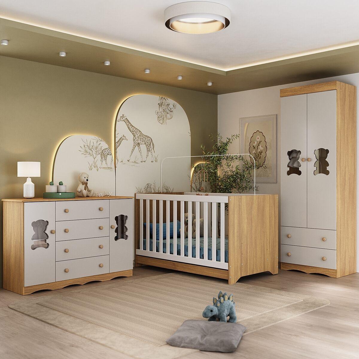 Quarto De Bebê Completo Com Berço Americano 3 Em 1 Doçura Multimóveis Mp4658 Madeirado/off White