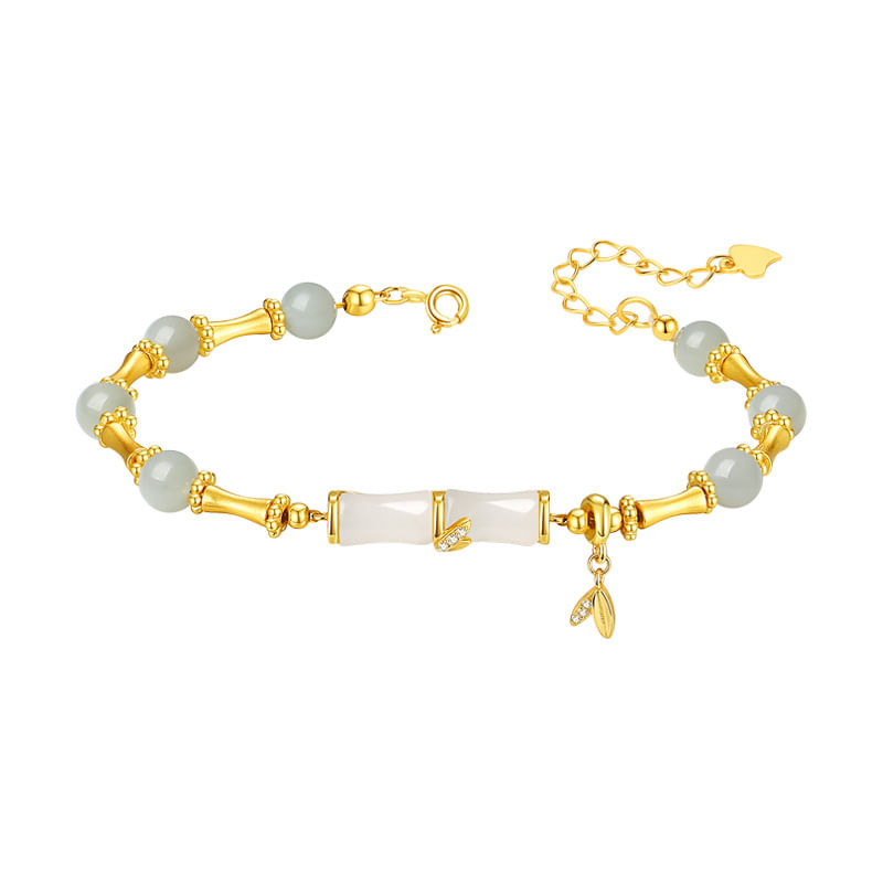 Pulseira Nephrite E Prata S925 Para Mulheres, Estilo Bambu