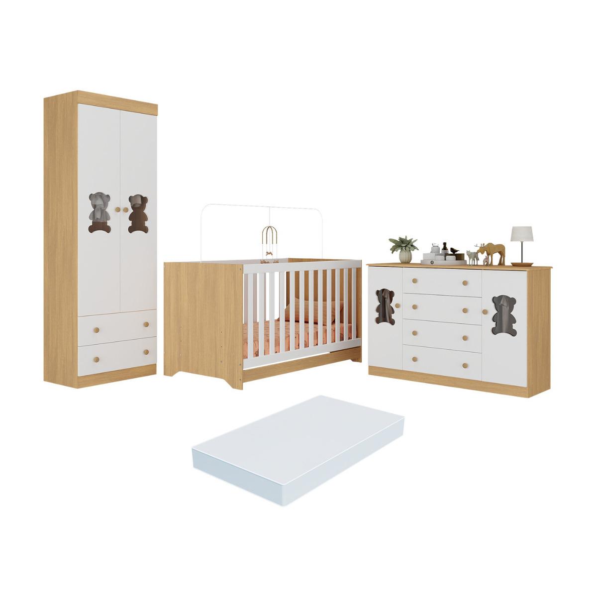 Quarto De Bebê Completo Com Berço Americano 3 Em 1 Colchão Teddy Multimóveis Mp4672 Madeirado/branco