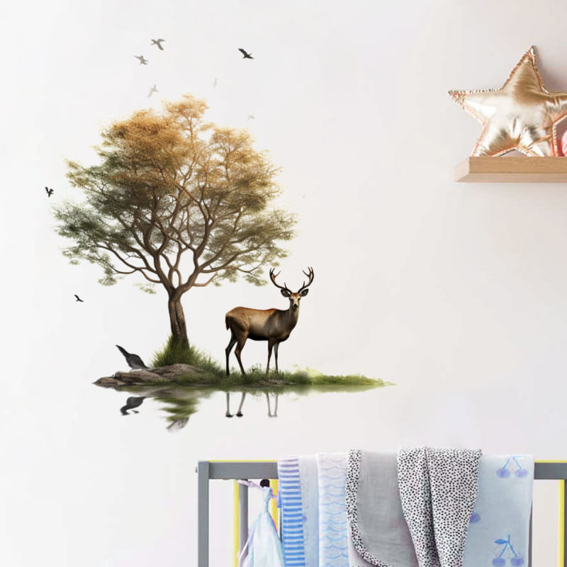 Adesivos De Parede Nature Scenery Deer And Tree Design Pvc 30x60cm
