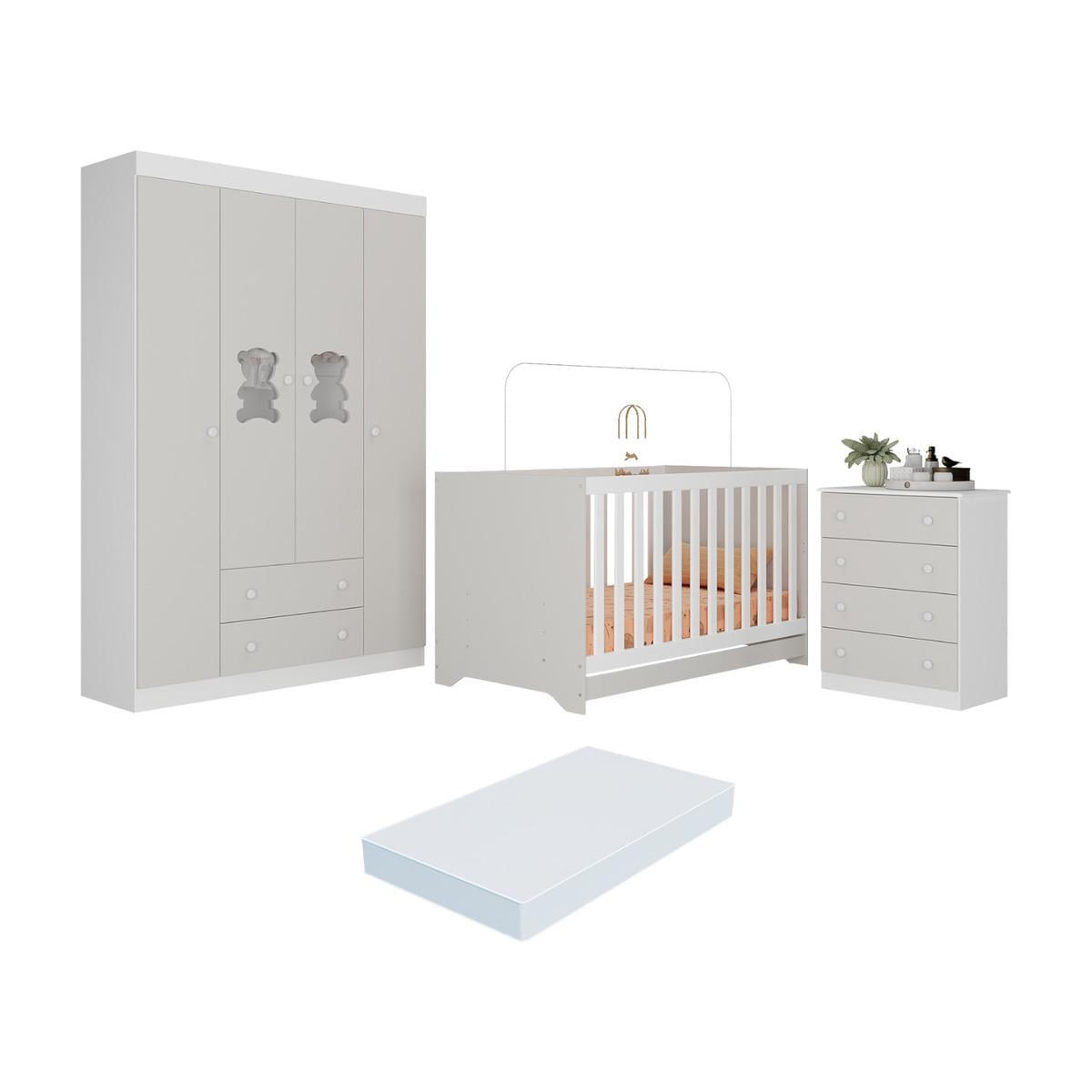 Quarto De Bebê Completo Com Berço Americano 3 Em 1 Colchão Teddy Multimóveis Mp4664 Branco/off White