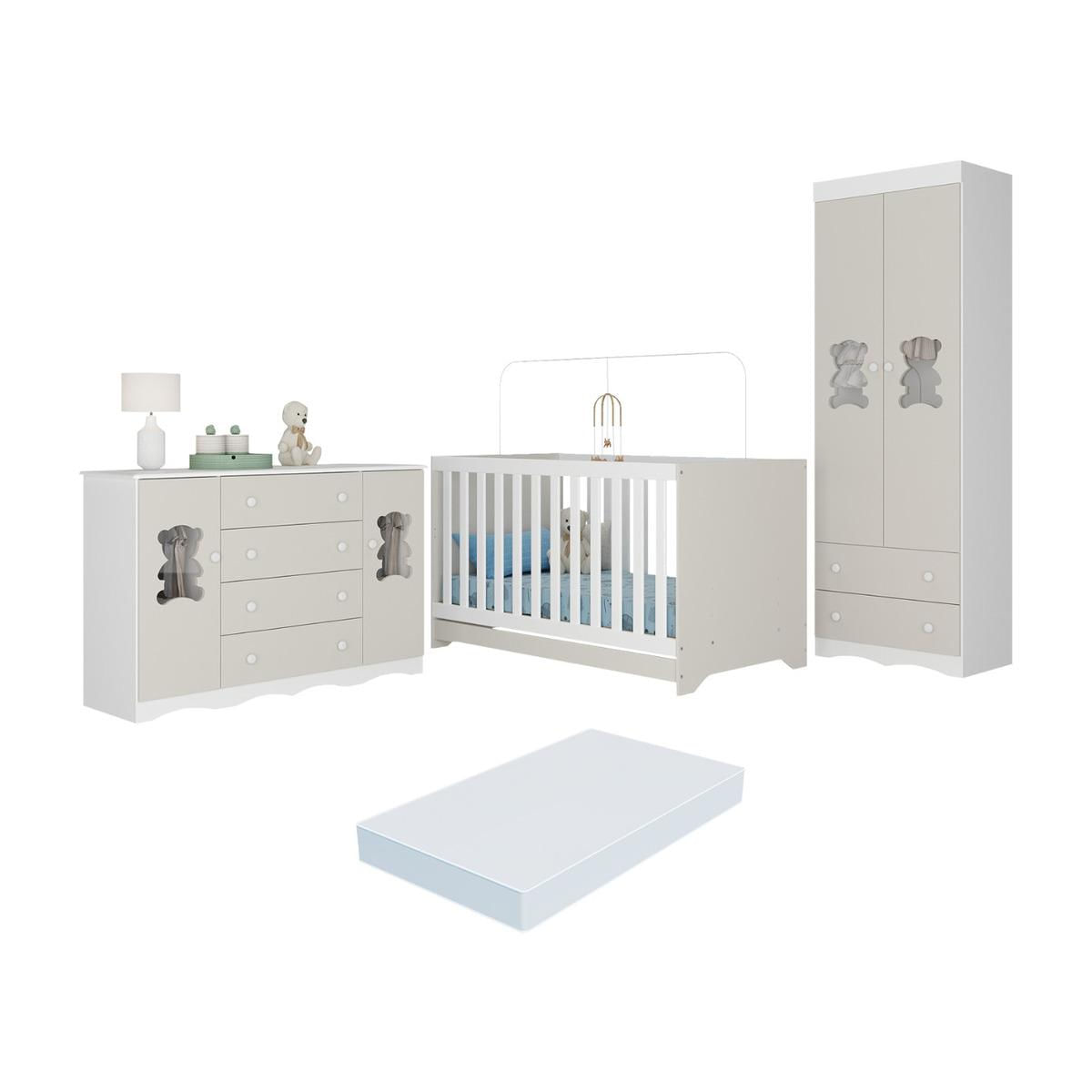 Quarto De Bebê Completo C/ Berço Americano 3 Em 1 Colchão Doçura Multimóveis Mp4674 Branco/off White