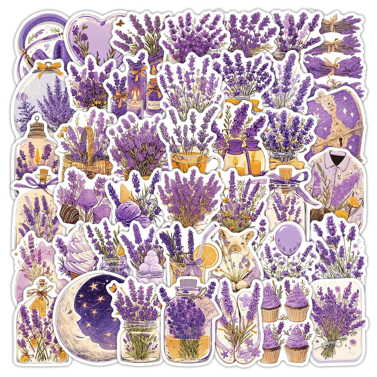 Pacote De Adesivos De Lavanda, 54 Peças De Vinil Floral Roxo, Impermeável
