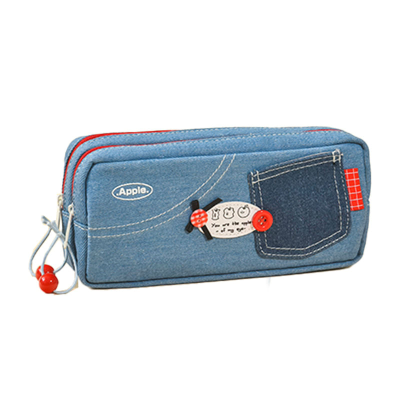 Estojo De Lápis Jeans De Grande Capacidade Com Zíper Duplo De 21 Cm