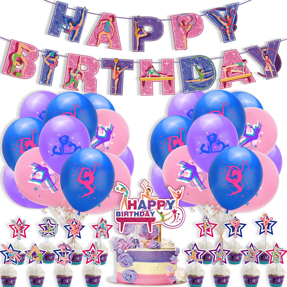 Kit De Decoração De Festa, Ginástica, Aniversário, 37 Unidades, Rosa, Roxo