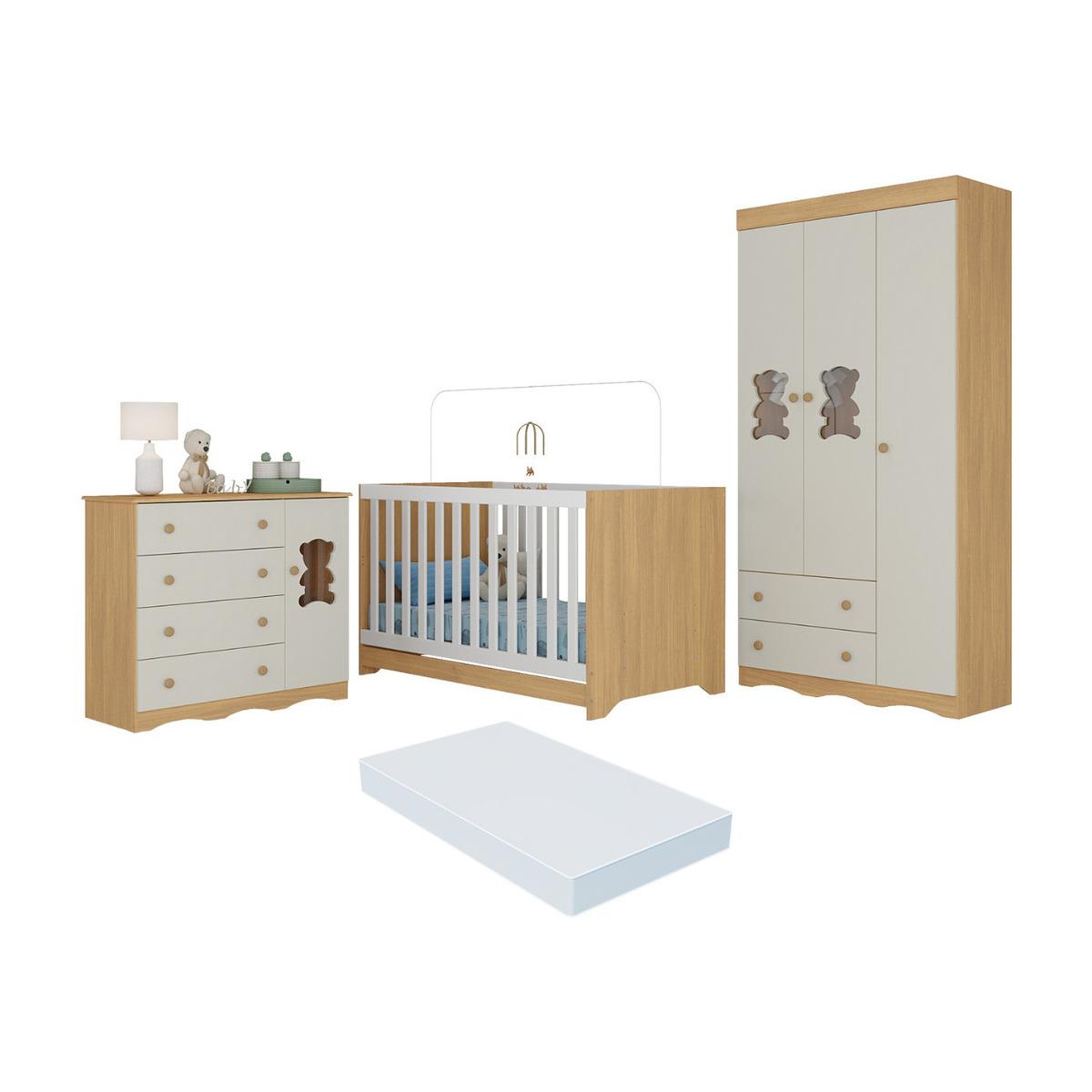 Quarto De Bebê Completo Berço Americano 3 Em 1 Colchão Doçura Multimóveis Mp4670 Madeirado/off White