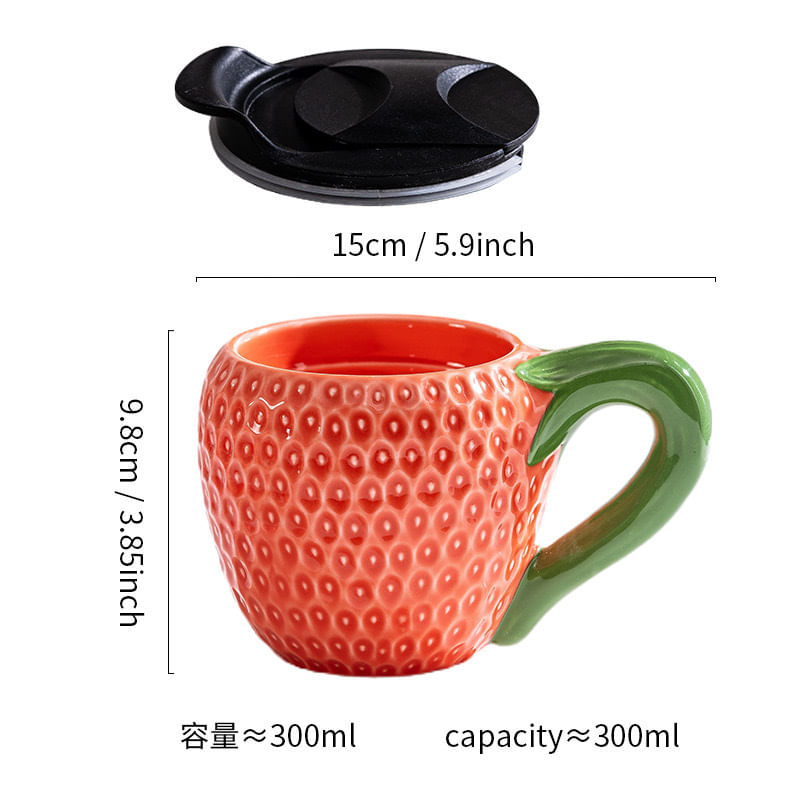 Caneca De Cerâmica Strawberry 300ml Com Tampa Para Bebidas Quentes