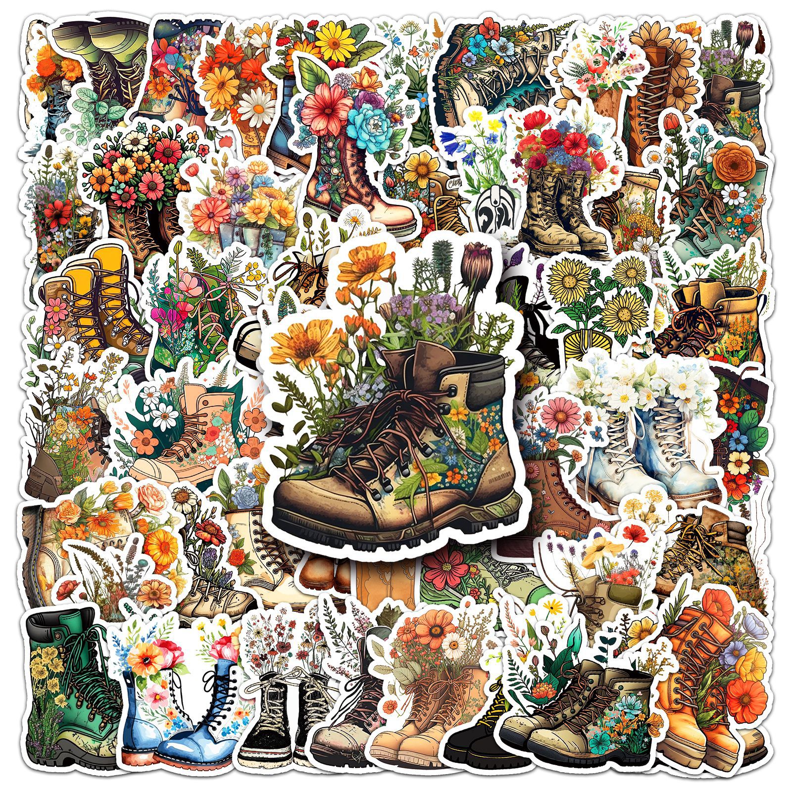 Pacote De Adesivos Retro Botanical Plant Floral Boots X50