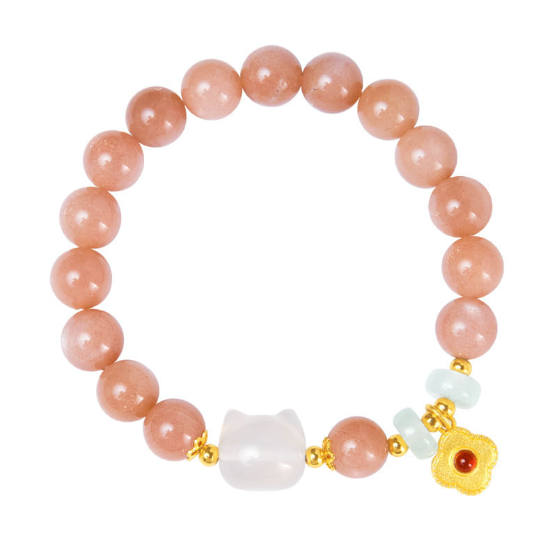 Pulseira De Prata 925 Cat Charm Com Pedra Da Lua Laranja Para Mulheres